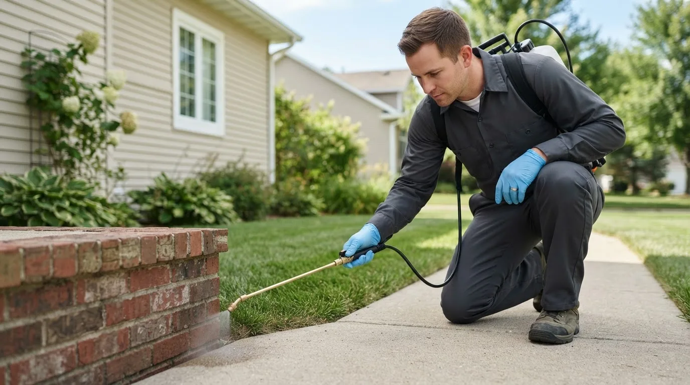 Pest control technician treating a home near Minden, WV