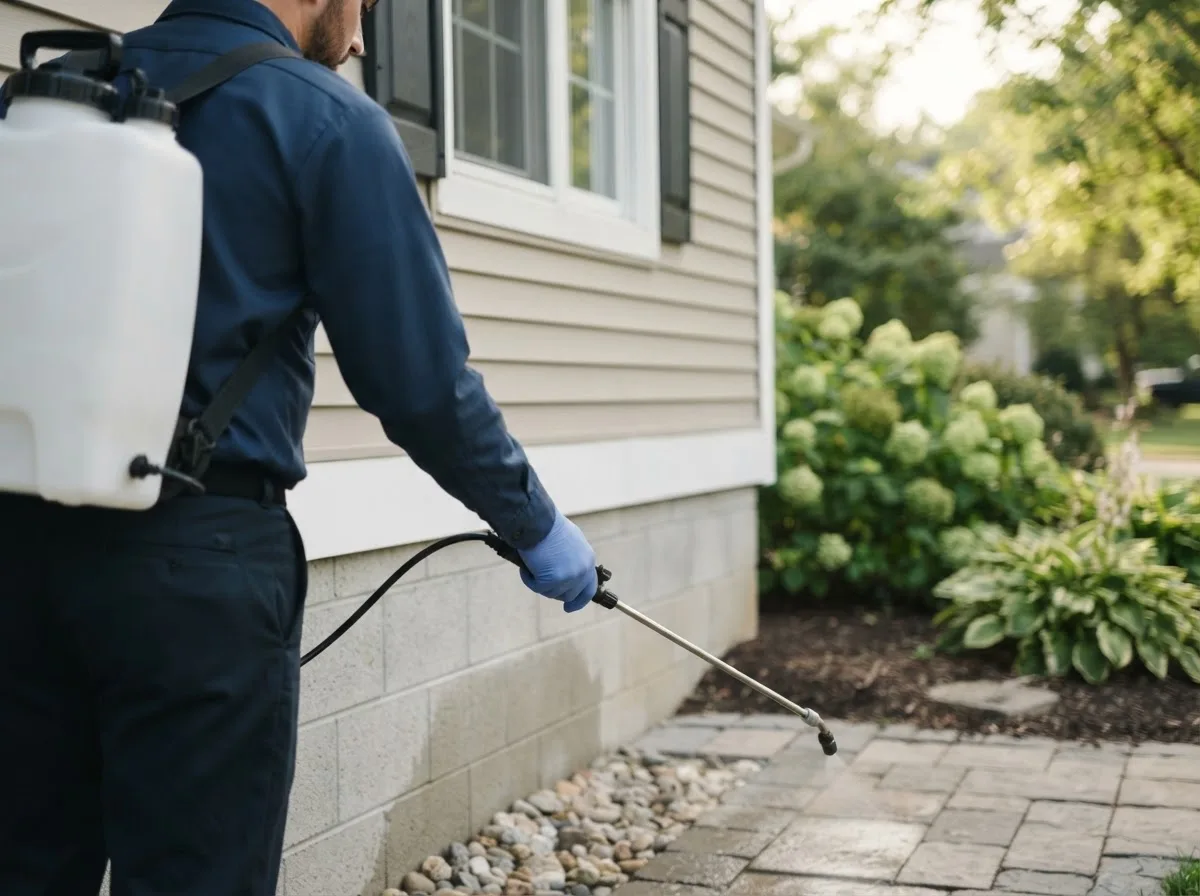 Pest control technician inspecting a home in Minden, WV